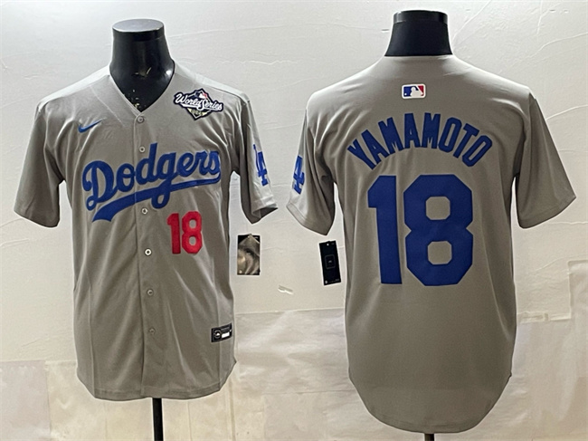 Personalized Men’s Los Angeles Dodgers #18 Yoshinobu Yamamoto Grey 2025 World Series Patch Limited Stitched Baseball Jersey