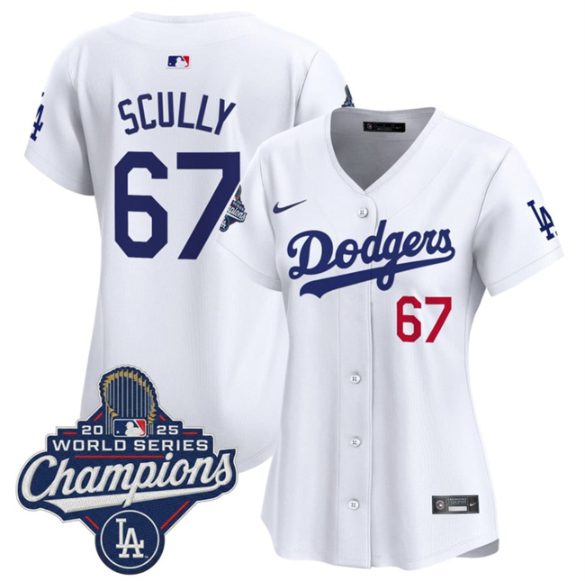 Personalized Women’s Los Angeles Dodgers #67 Vin Scully White 2025 World Series Champions Home Cool Base Stitched Baseball Jersey(Run Small)
