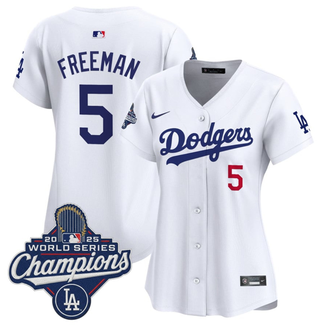 Personalized Women’s Los Angeles Dodgers #5 Freddie Freeman White 2025 World Series Champions Home Cool Base Stitched Baseball Jersey(Run Small)