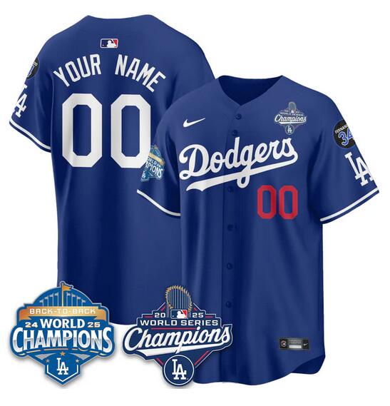 Personalized Men’s Los Angeles Dodgers Active Player Royal 2025 World Series Champions & Back to Back Champions With No.34 Patch Limited Stitched Baseball Jersey