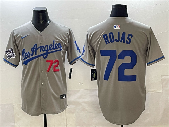 Personalized Men’s Los Angeles Dodgers #72 Miguel Rojas Grey 2025 World Series Champions Patch Limited Stitched Baseball Jersey