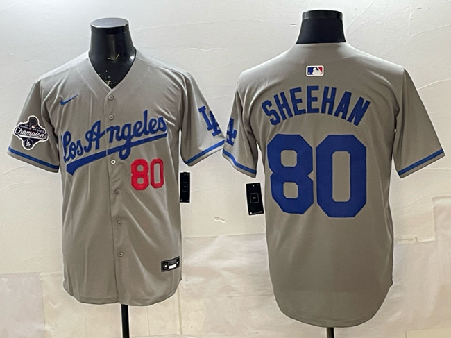 Personalized Men’s Los Angeles Dodgers #80 Emmet Sheehan Grey 2025 World Series Champions Patch Limited Stitched Baseball Jersey