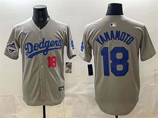 Personalized Men’s Los Angeles Dodgers #18 Yoshinobu Yamamoto Grey 2025 World Series Champions Patch Limited Stitched Baseball Jersey