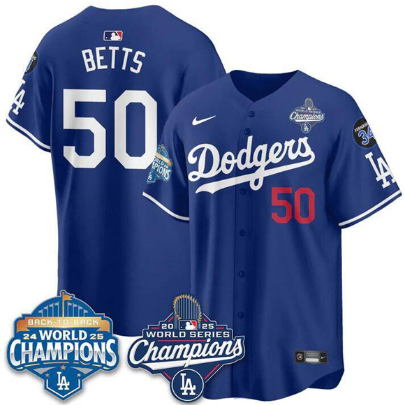 Personalized Men’s Los Angeles Dodgers #50 Mookie Betts Royal 2025 World Series Champions & Back to Back Champions With No.34 Patch Limited Stitched Baseball Jersey