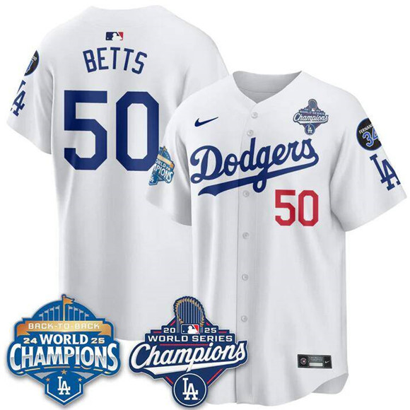 Personalized Men’s Los Angeles Dodgers #50 Mookie Betts White 2025 World Series Champions & Back to Back Champions With No.34 Patch Limited Stitched Baseball Jersey