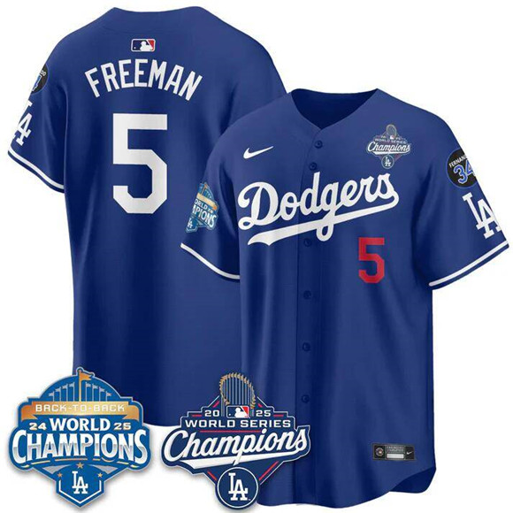 Personalized Men’s Los Angeles Dodgers #5 Freddie Freeman Royal 2025 World Series Champions & Back to Back Champions With No.34 Patch Limited Stitched Baseball Jersey