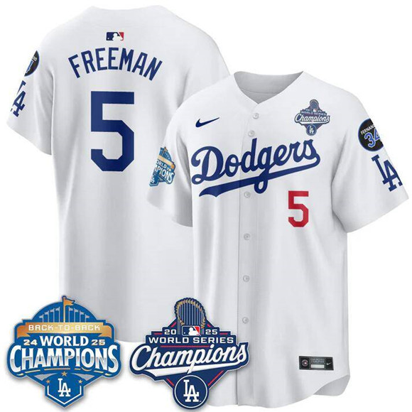Personalized Men’s Los Angeles Dodgers #5 Freddie Freeman White 2025 World Series Champions & Back to Back Champions With No.34 Patch Limited Stitched Baseball Jersey