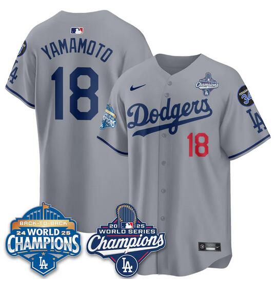 Personalized Men’s Los Angeles Dodgers #18 Yoshinobu Yamamoto Grey 2025 World Series Champions & Back to Back Champions With No.34 Patch Limited Stitched Baseball Jersey