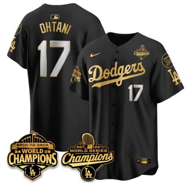 Personalized Men’s Los Angeles Dodgers #17 Shohei Ohtani Black Gold 2025 World Series Champions & Back to Back Champions With No.34 Patch Limited Stitched Baseball Jersey