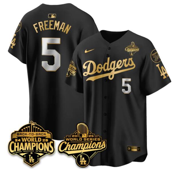 Personalized Men’s Los Angeles Dodgers #5 Freddie Freeman Black Gold 2025 World Series Champions & Back to Back Champions With No.34 Patch Limited Stitched Baseball Jersey