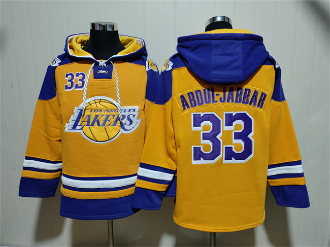 Personalized Men’s Los Angeles Lakers #33 Kareem Abdul-Jabbar Yellow Lace-Up Pullover Hoodie