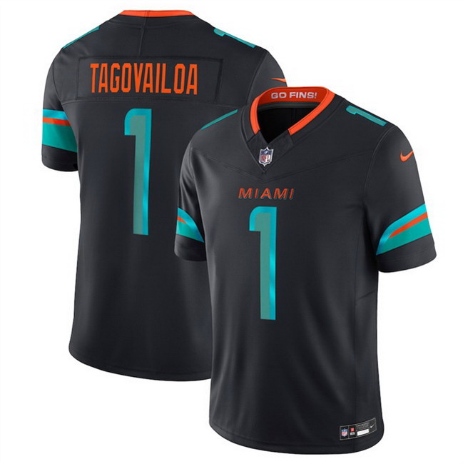 Personalized Youth Miami Dolphins #1 Tua Tagovailoa Black 2025 F.U.S.E. Rivalries Limited Stitched Football Jersey