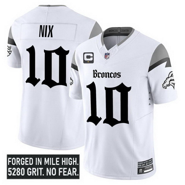 Personalized Men’s Denver Broncos #10 Bo Nix White 2025 F.U.S.E. With 1-Star C Patch ‘Gothic Mile High Shadows Edition’ Limited Stitched Football Jersey