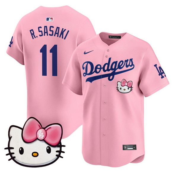 Personalized Men’s Los Angeles Dodgers #11 Roki Sasaki Pink 2025 Hello Kitty Limited Stitched Baseball Jersey