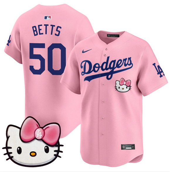 Personalized Men’s Los Angeles Dodgers #50 Mookie Betts Pink 2025 Hello Kitty Limited Stitched Baseball Jersey