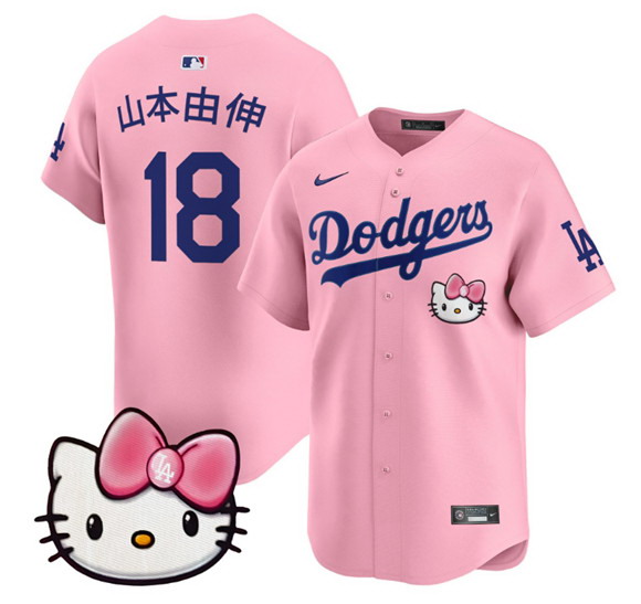 Personalized Women’s Los Angeles Dodgers #18 Yoshinobu Yamamoto Pink 2025 Hello Kitty Limited Stitched Baseball Jersey(Run Small)