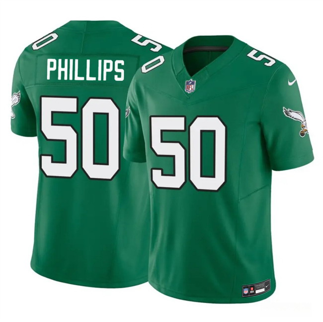 Personalized Men’s Philadelphia Eagles #50 Jaelan Phillips Kelly Green 2025 F.U.S.E. Untouchable Limited Throwback Stitched Football Jersey