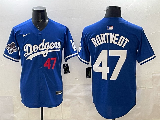Personalized Men’s Los Angeles Dodgers #47 Ben Rortvedt Royal 2025 World Series Champions Patch Limited Stitched Baseball Jersey
