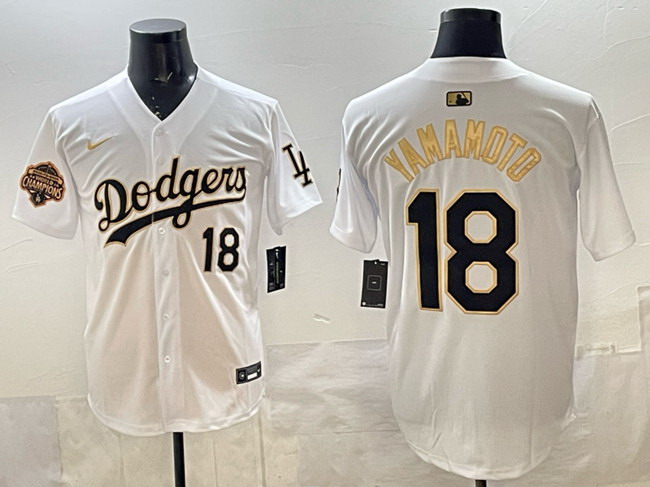 Personalized Men’s Los Angeles Dodgers #18 Yoshinobu Yamamoto White Gold 2025 Back to Back Champions Patch Limited Stitched Baseball Jersey