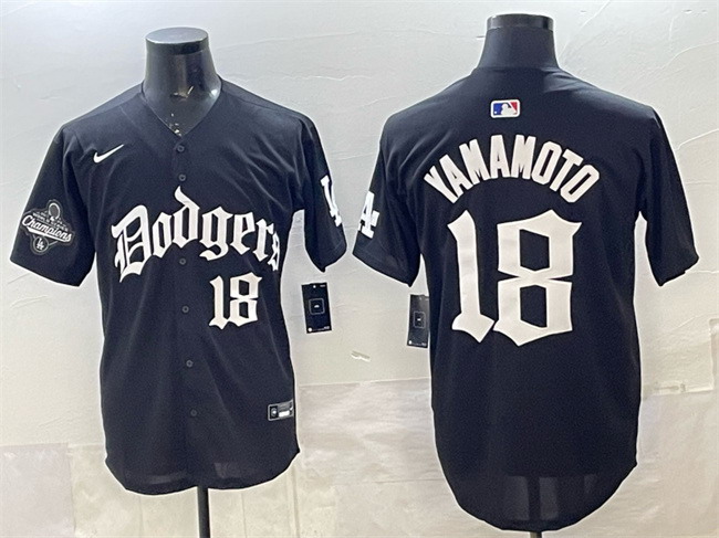 Personalized Men’s Los Angeles Dodgers #18 Yoshinobu Yamamoto Black LA Gothic Style With 2025 World Series Champions Patch Premier Limited Stitched Baseball Jersey