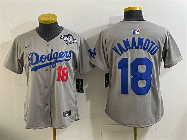 Personalized Women’s Los Angeles Dodgers #18 Yoshinobu Yamamoto Grey 2025 World Series Patch Limited Stitched Baseball Jersey(Run Small)