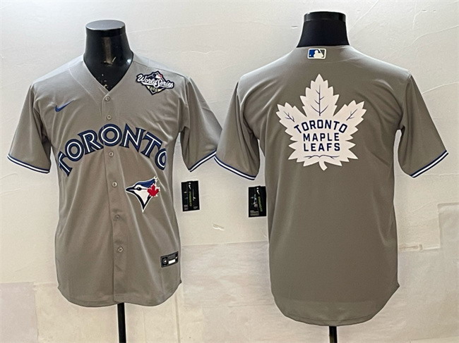 Personalized Men’s Toronto Blue Jays & Leafs Grey 2025 World Series With White Leafs Logo Cool Base Stitched Baseball Jersey