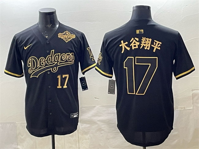 Personalized Men’s Los Angeles Dodgers #17 Shohei Ohtani Black Gold 2025 World Series Patch Limited Stitched Baseball Jersey
