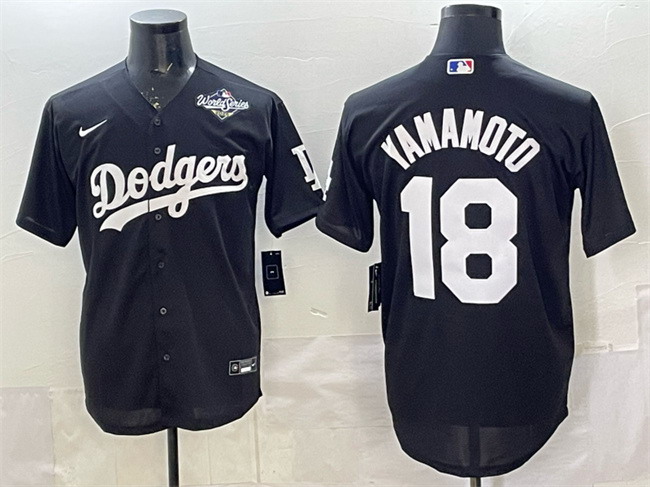 Personalized Men’s Los Angeles Dodgers #18 Yoshinobu Yamamoto Black 2025 World Series Patch Cool Base Stitched Baseball Jersey
