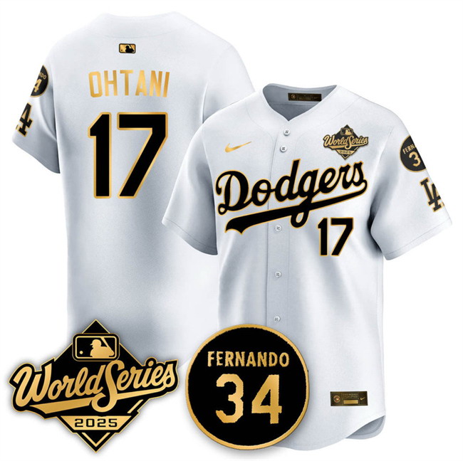 Personalized Men’s Los Angeles Dodgers #17 Shohei Ohtani White Gold 2025 World Series With No.34 Patch Limited Stitched Baseball Jersey