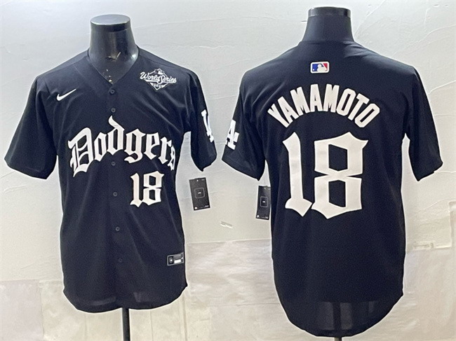 Personalized Men’s Los Angeles Dodgers #18 Yoshinobu Yamamoto Black 2025 LA Gothic Style With 2025 World Series Patch Premier Limited Stitched Baseball Jersey
