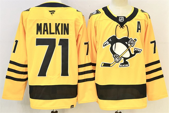 Personalized Men’s Pittsburgh Penguins #71 Evgeni Malkin Gold 2025 26 With A Patch Alternate Stitched Hockey Jersey