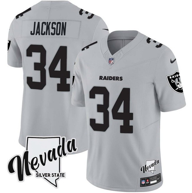 Personalized Men’s Las Vegas Raiders #34 Bo Jackson Grey F.U.S.E With Nevada Silver Stat Patch Stitched Football Jersey