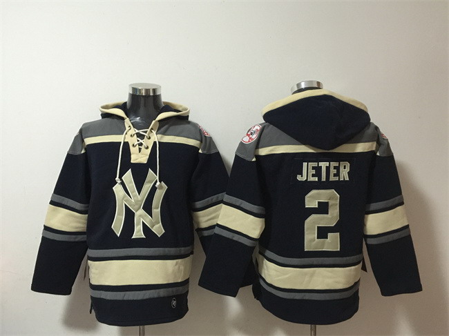 Personalized Men’s New York Yankees #2 Derek Jeter Navy Ageless Must-Have Lace-Up Pullover Hoodie