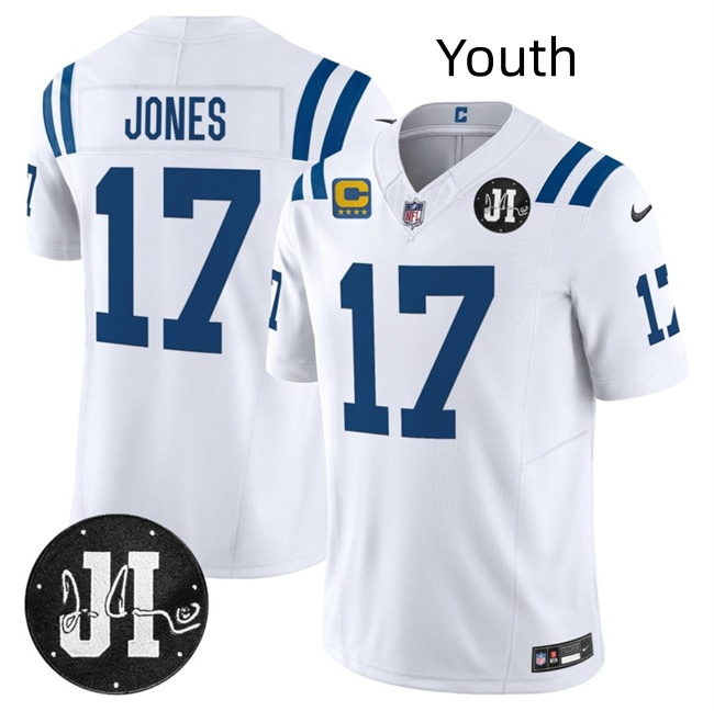Personalized Youth Indianapolis Colts #17 Daniel Jones White 2025 F.U.S.E. With 4-Star C Patch And Jim Irsay Patch Limited Stitched Football Jersey