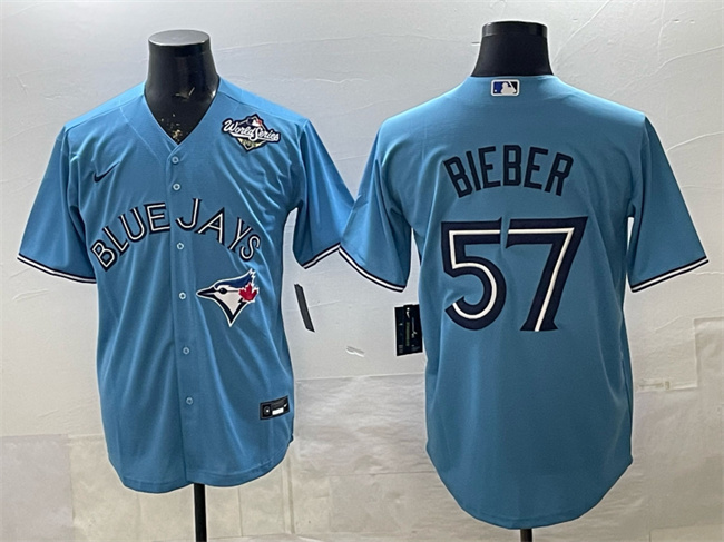 Personalized Men’s Toronto Blue Jays #57 Shane Bieber Blue 2025 World Series Cool Base Stitched Baseball Jersey
