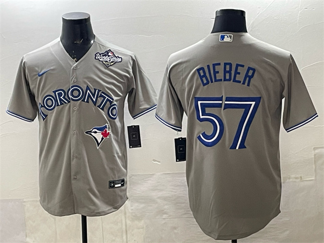 Personalized Men’s Toronto Blue Jays #57 Shane Bieber Grey 2025 World Series Cool Base Stitched Baseball Jersey