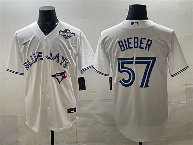 Personalized Men’s Toronto Blue Jays #57 Shane Bieber White 2025 World Series Home Cool Base Stitched Baseball Jersey