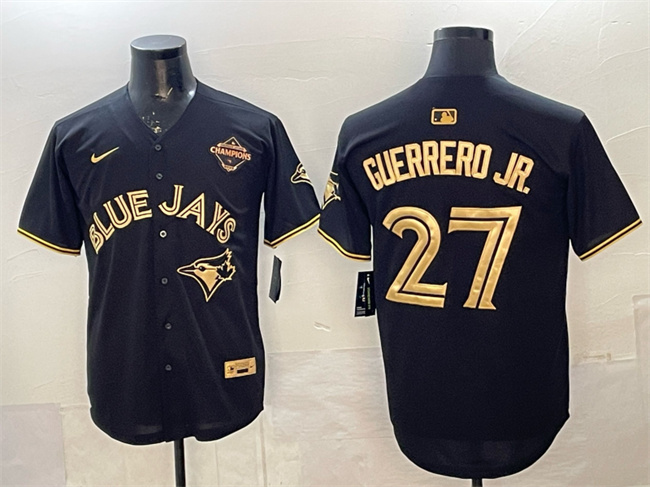 Personalized Men’s Toronto Blue Jays #27 Vladimir Guerrero Jr. Black Gold 2025 American League Champions Limited Stitched Baseball Jersey