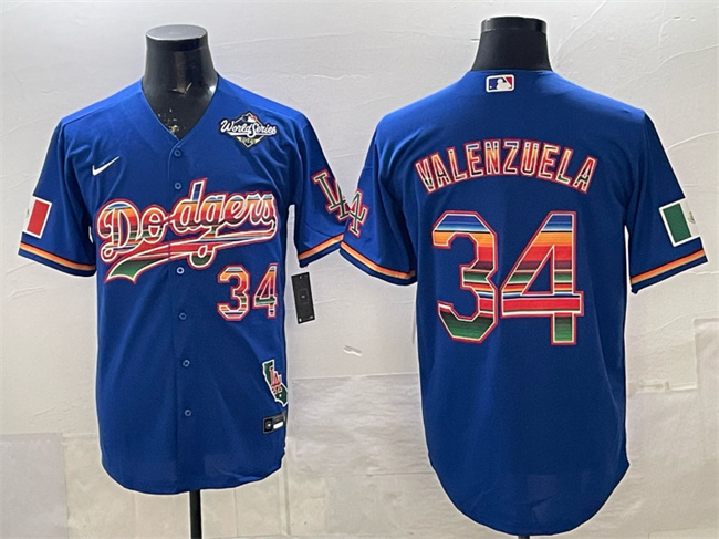 Personalized Men’s Los Angeles Dodgers #34 Fernando Valenzuela Royal Mexico California Patch 2025 World Series Patch Stitched Baseball Jersey