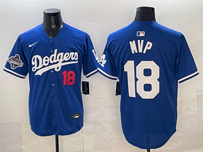 Personalized Men’s Los Angeles Dodgers #18 MVP Royal 2025 World Series Champions Patch Limited Stitched Baseball Jersey