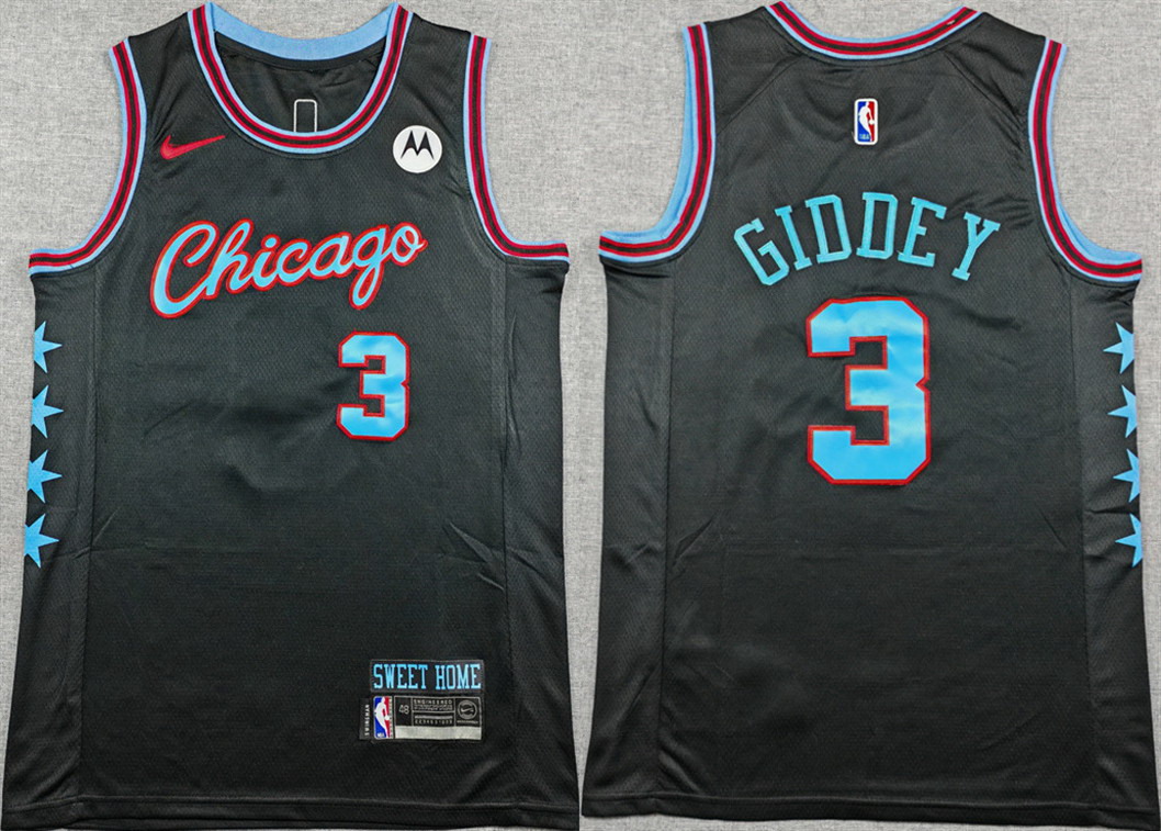 Personalized Men’s Chicago Bulls #3 Josh Giddey Black 2025-26 City Edition Stitched Basketball Jersey