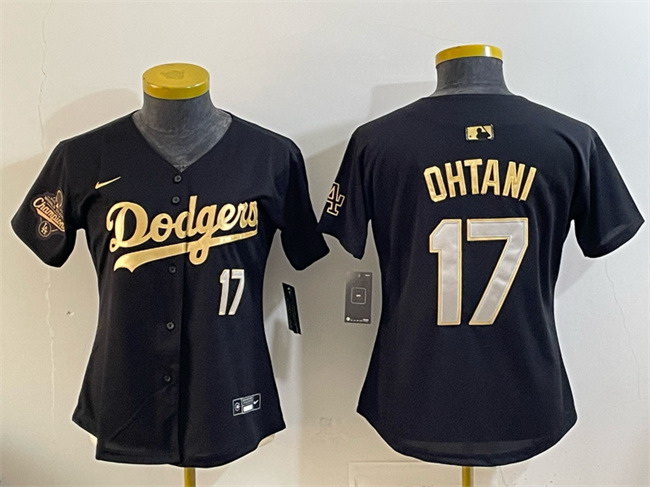 Personalized Women’s Los Angeles Dodgers #17 Shohei Ohtani Black Gold 2025 World Series Champions Patch Limited Stitched Baseball Jersey(Run Small)