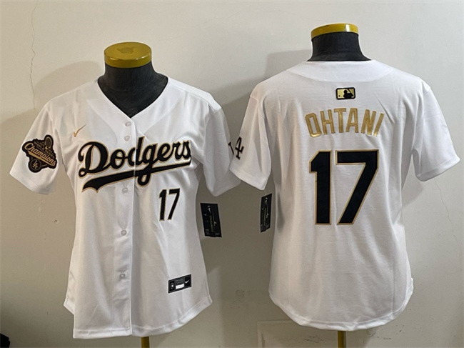 Personalized Women’s Los Angeles Dodgers #17 Shohei Ohtani White Gold 2025 World Series Champions Patch Limited Stitched Baseball Jersey(Run Small)