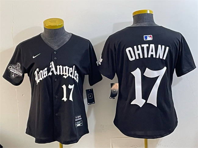 Personalized Women’s Los Angeles Dodgers #17 Shohei Ohtani Black 2025 World Series Champions LA Gothic Edition Limited Stitched Baseball Jersey(Run Small)