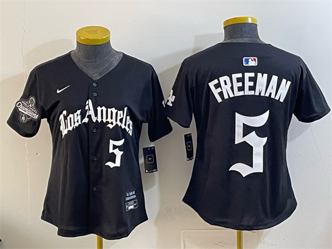 Personalized Women’s Los Angeles Dodgers #5 Freddie Freeman Black 2025 World Series Champions LA Gothic Edition Limited Stitched Baseball Jersey(Run Small)