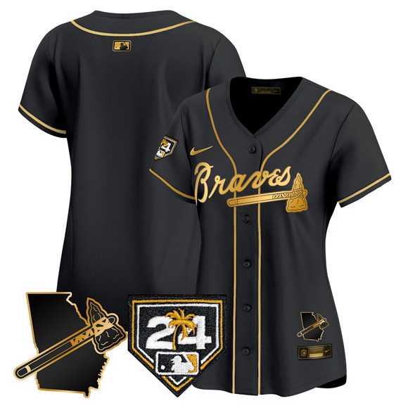 Personalized Women’s Atlanta Braves Blank Black Gold 2024 Spring Training & Georgia Patch Limited Stitched Baseball Jersey(Run Small)