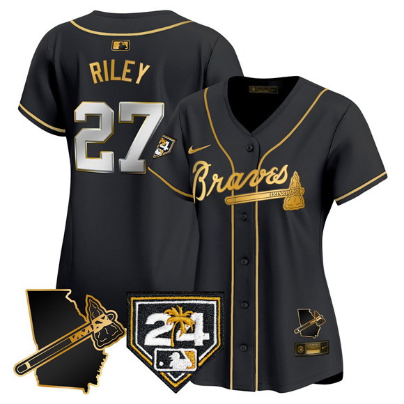 Personalized Women’s Atlanta Braves #27 Austin Riley Black Gold 2024 Spring Training & Georgia Patch Limited Stitched Baseball Jersey(Run Small)