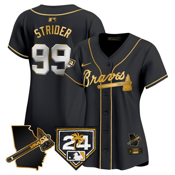 Personalized Women’s Atlanta Braves #99 Spencer Strider Black Gold 2024 Spring Training & Georgia Patch Limited Stitched Baseball Jersey(Run Small)