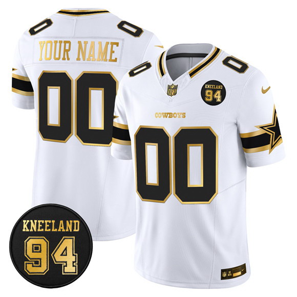 Personalized Men’s Dallas Cowboys Active Player White Gold 2025 F.U.S.E. 94 Marshawn Kneeland Memorial Patch Limited Stitched Football Jersey