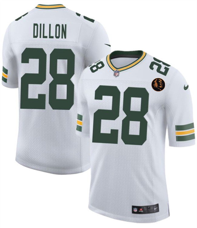 Personalized Men’s Green Bay Packers #28 A. J. Dillon White 2025 New With John Madden Patch Untouchable Limited Stitched Football Jersey